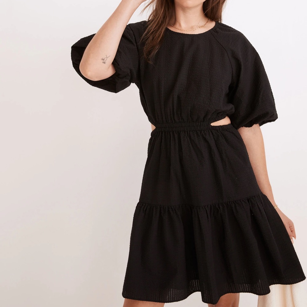 Madewell Black Seersucker open back Midi Dress with Puff Sleeves